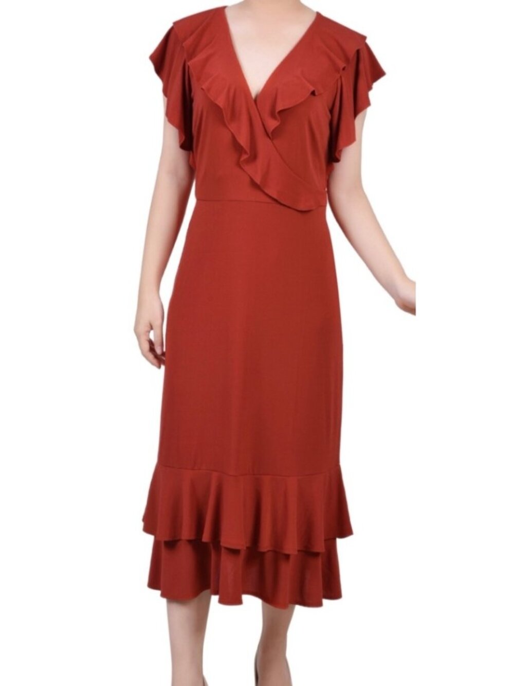 Ny Collection Womens Flutter Sleeves Ruffle Midi Dress Bossanova Size PXL NWT